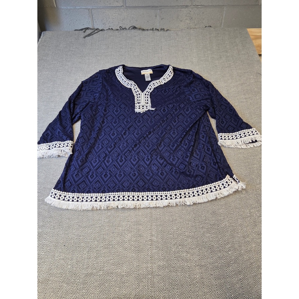 Alfred Dunner Knit Top Women's 2X Blue Lace Diamond Tetured Fringe Trim V Neck